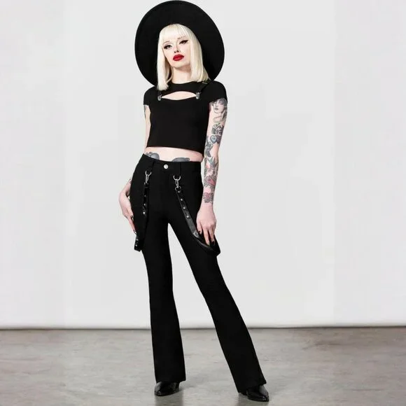 Killstar ✦ Cutout Bondage Trousers ✦ Black Strap Detail Flare Leg Gothic Alt XL - Picture 4 of 5
